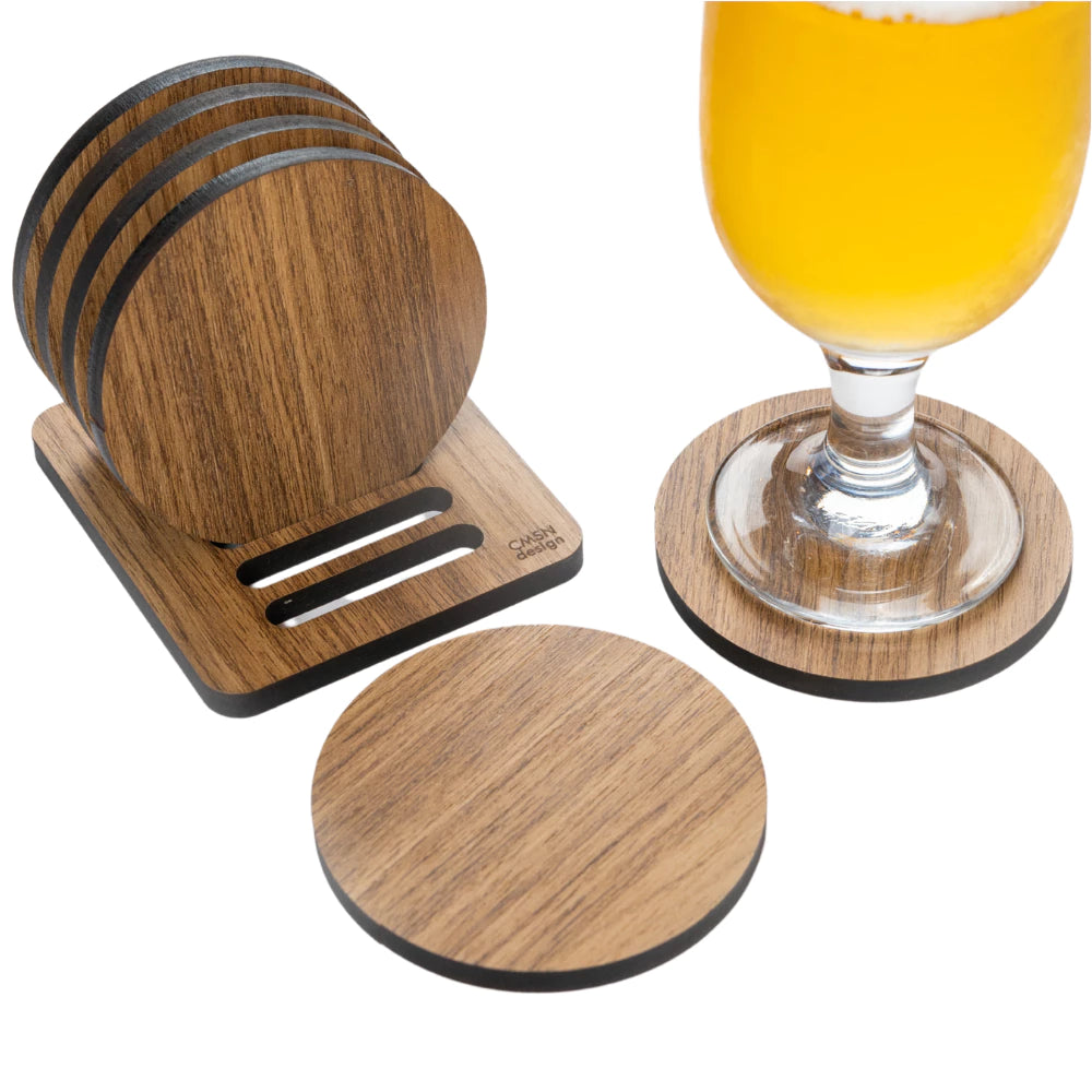 Bolacha Porta Copo Madeira Kit com 6 Peças Mais a Base, Porta Copo de Mesa, Descanso de Copo