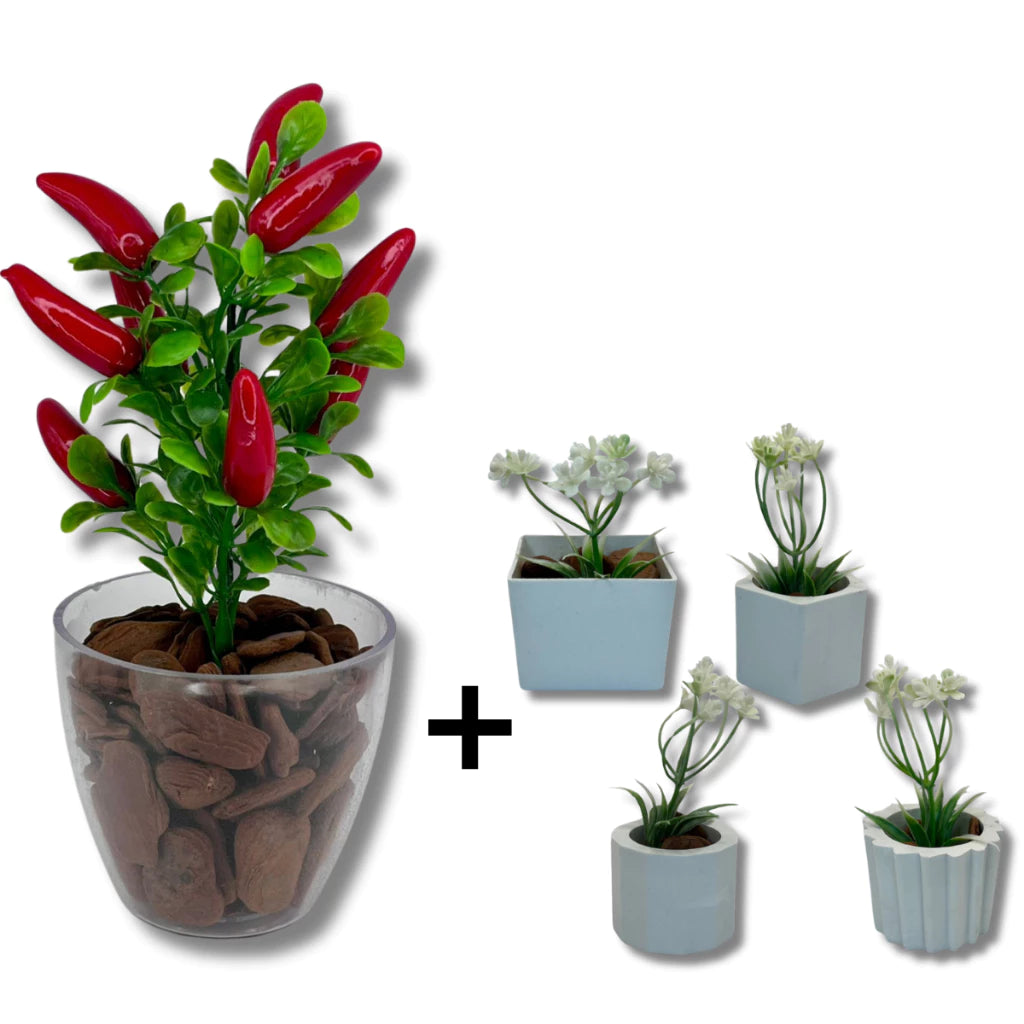 Combo Duas Decorações - Kit 4 Vasinhos + 1 Vaso Médio em Acrílico com Plantas Artificiais