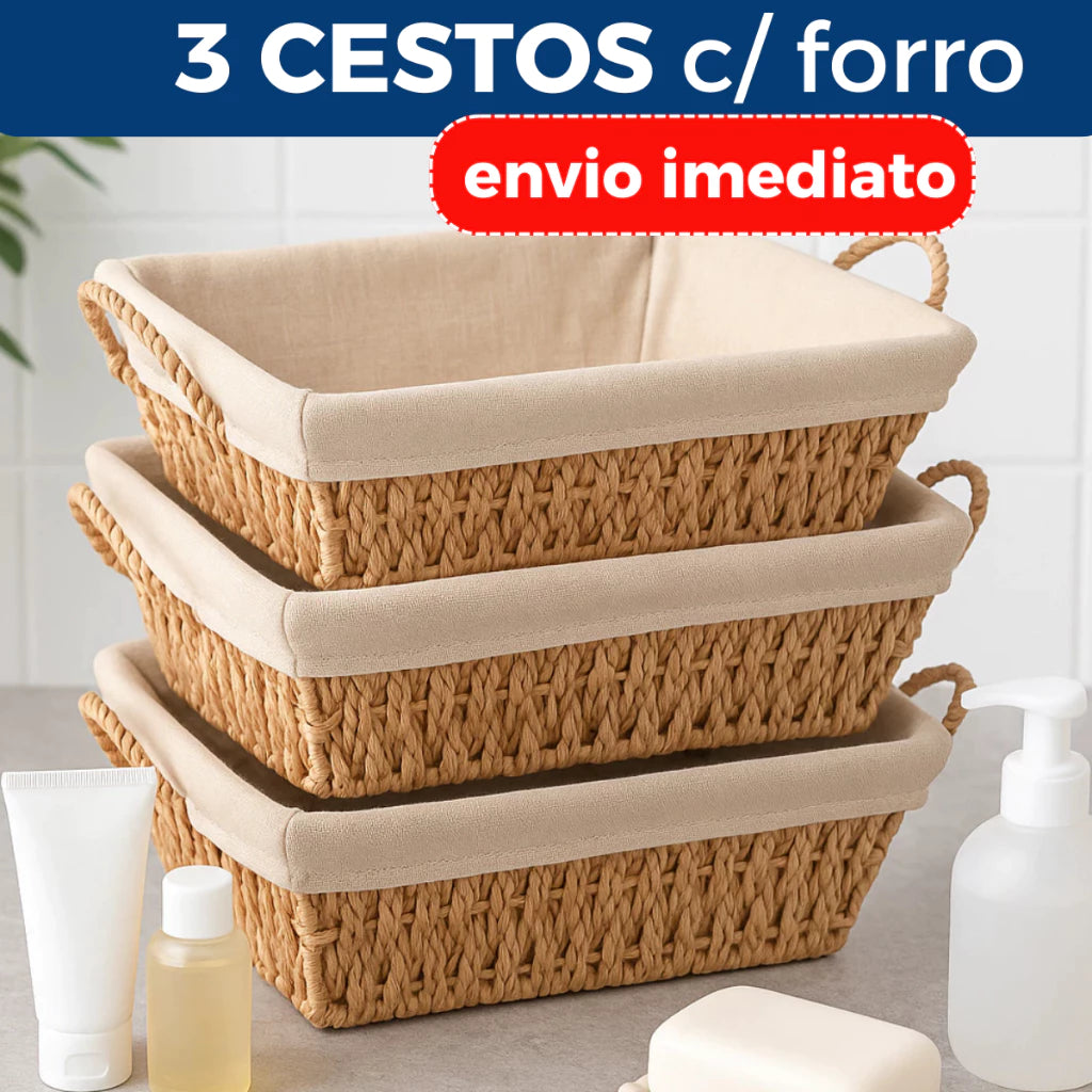 Kit 3 Cestos Organizadores de Palha/Bambu Multiuso com Forro