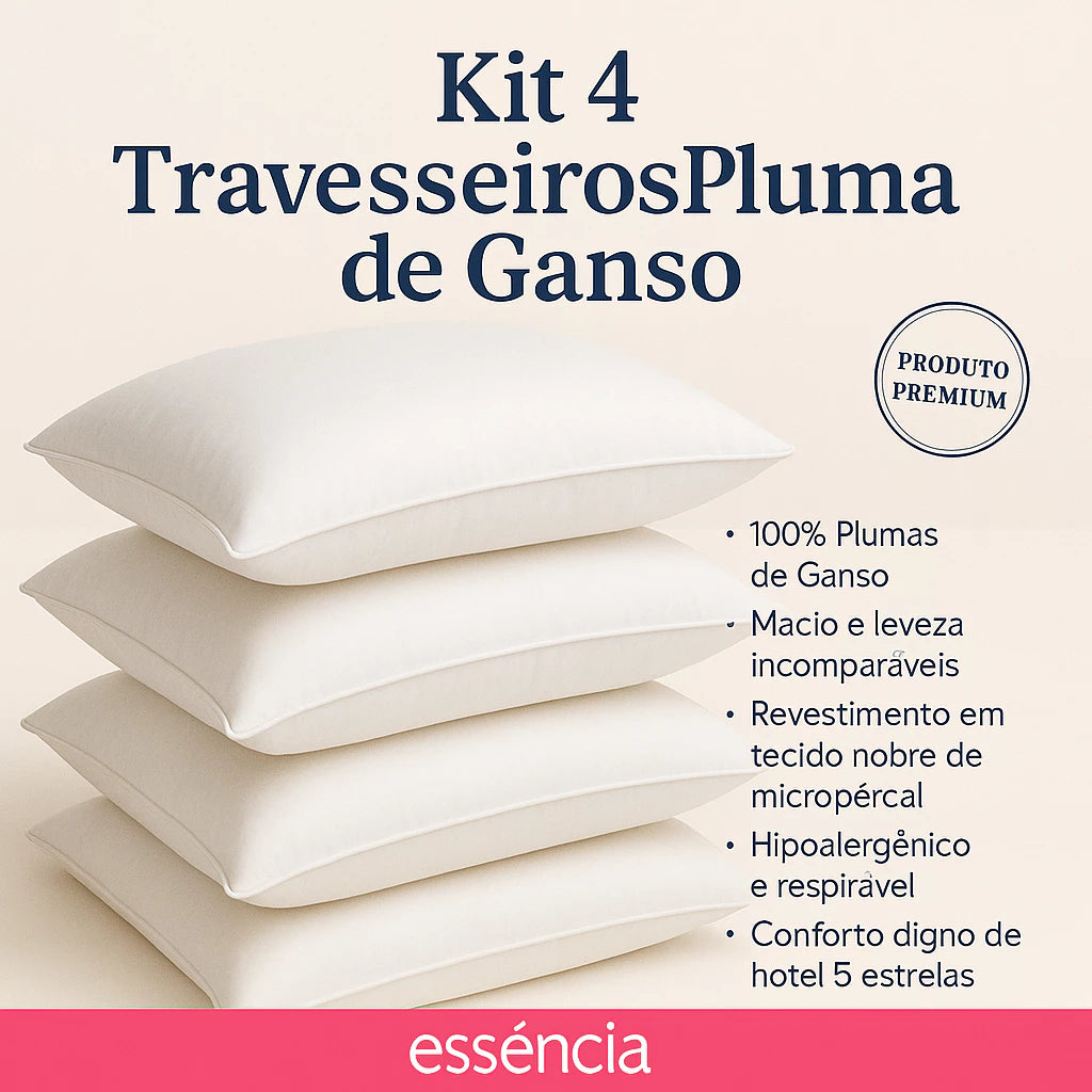 Kit 4 Travesseiro Pluma de Ganso Confortavel e Macio Antiacaro