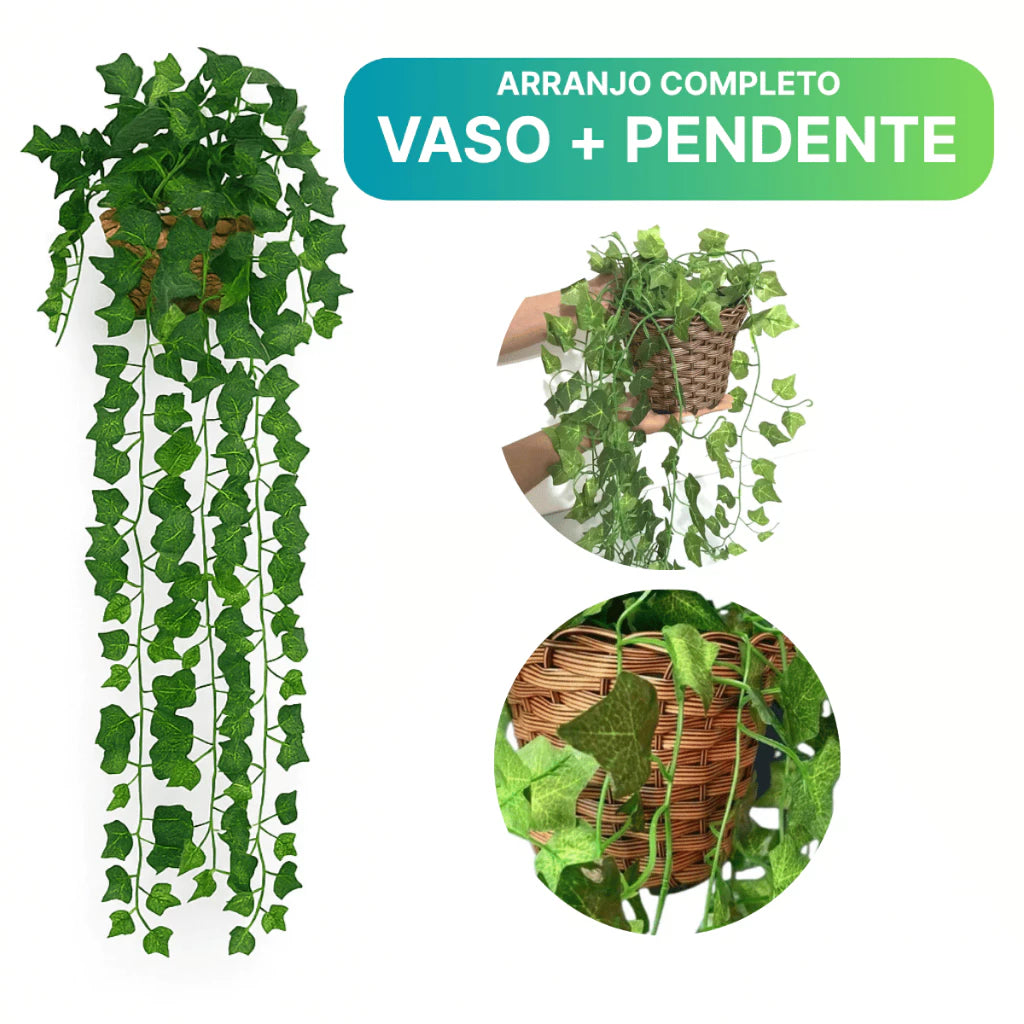 Planta Decorativa + Vaso Trançado Marrom 3 Pendentes Artificial Folhas de Hera e Jiboia