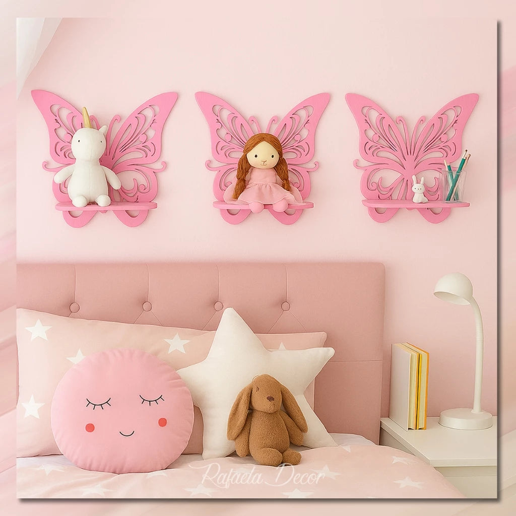 Decoração de quarto infantil feminino, Prateleira Decorativa Borboleta, MDF Pintura Rosa