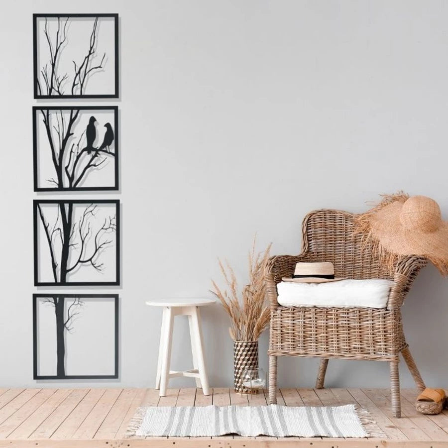 Quadros Árvore com Casal de Pássaros vertical MDF 4 Peças