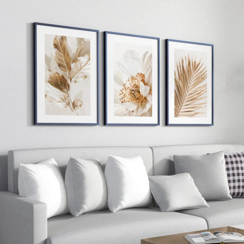 Kit com 3 Quadros Decorativos - Folhagem Dourada