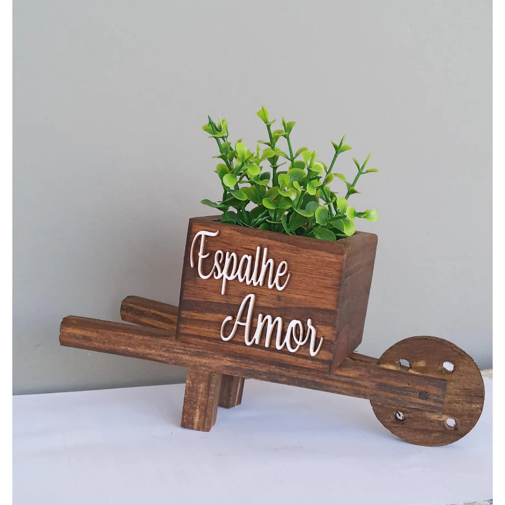 Vasinho Carriola de Madeira com Plantinha Artificial