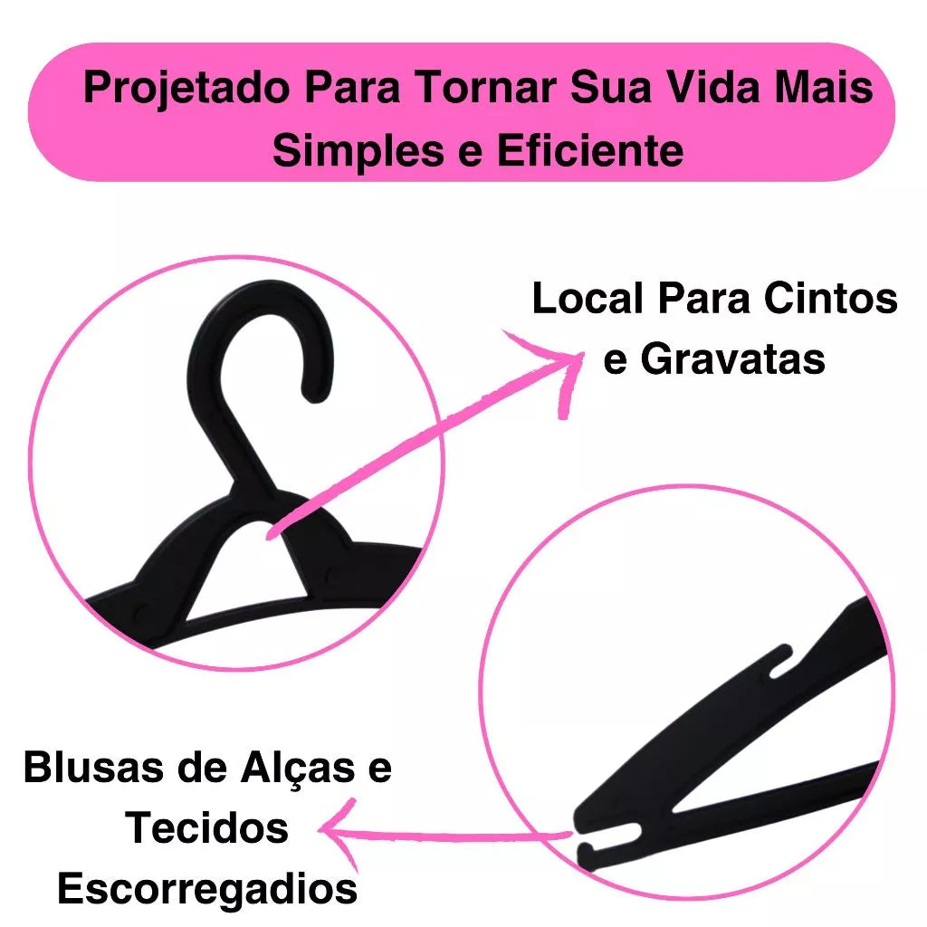 Cabide Adulto Preto Kit 100 Cabides Reforçados Organizar Roupas