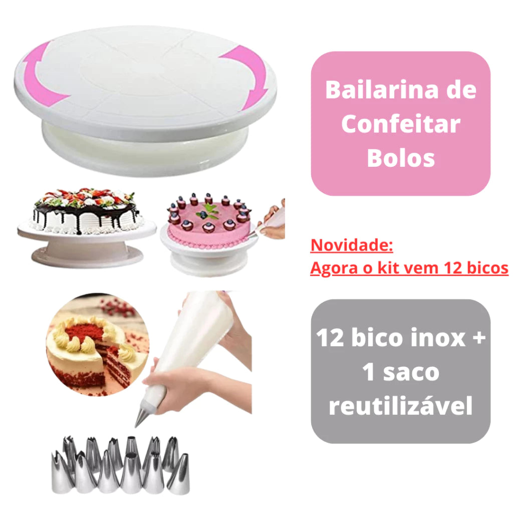 Kit Confeitaria Profissional Bailarina Giratória Raspadores Nivelador de Bolo