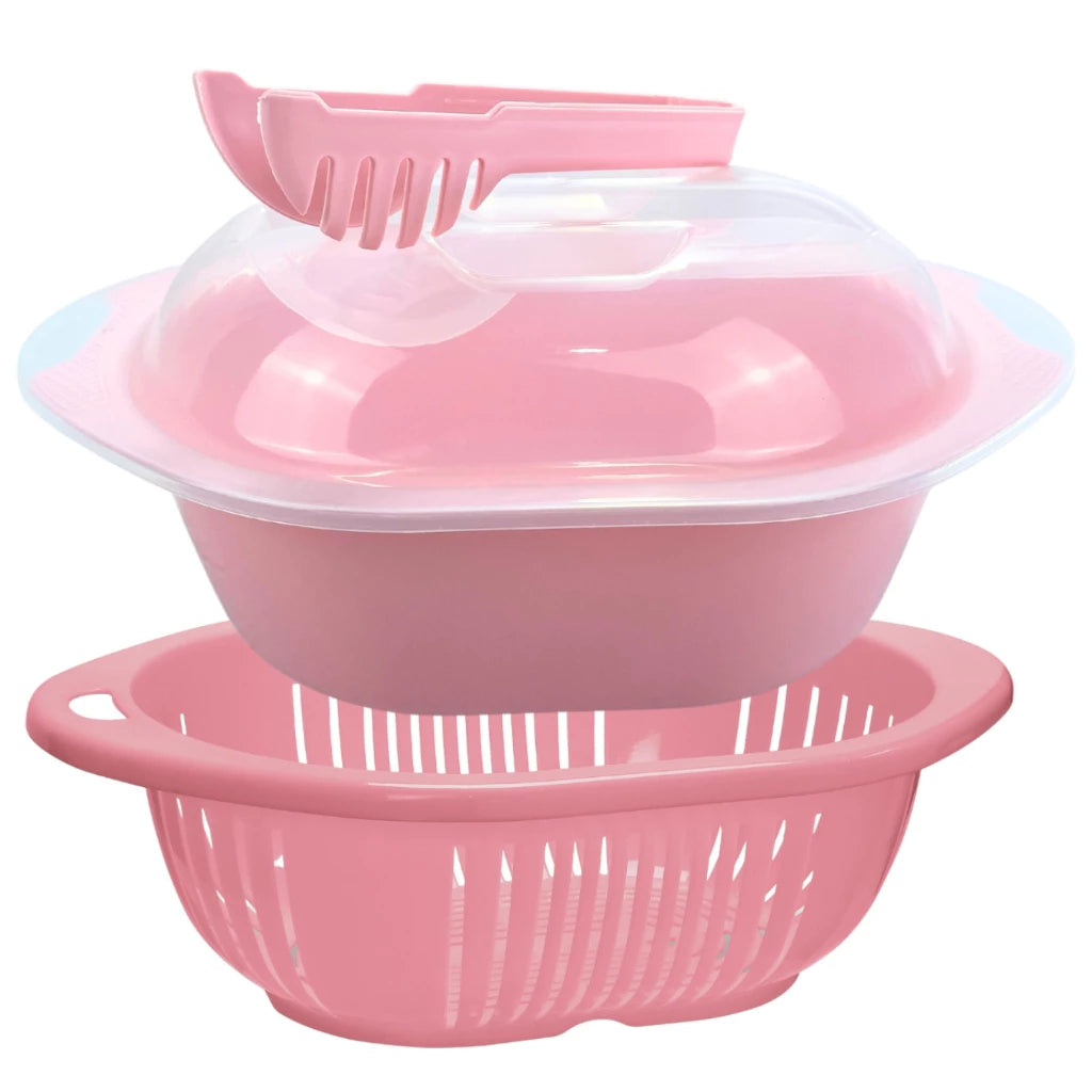 Kit Saladeira e Escorredor Rosa 3 Litros com Tampa e Pegador