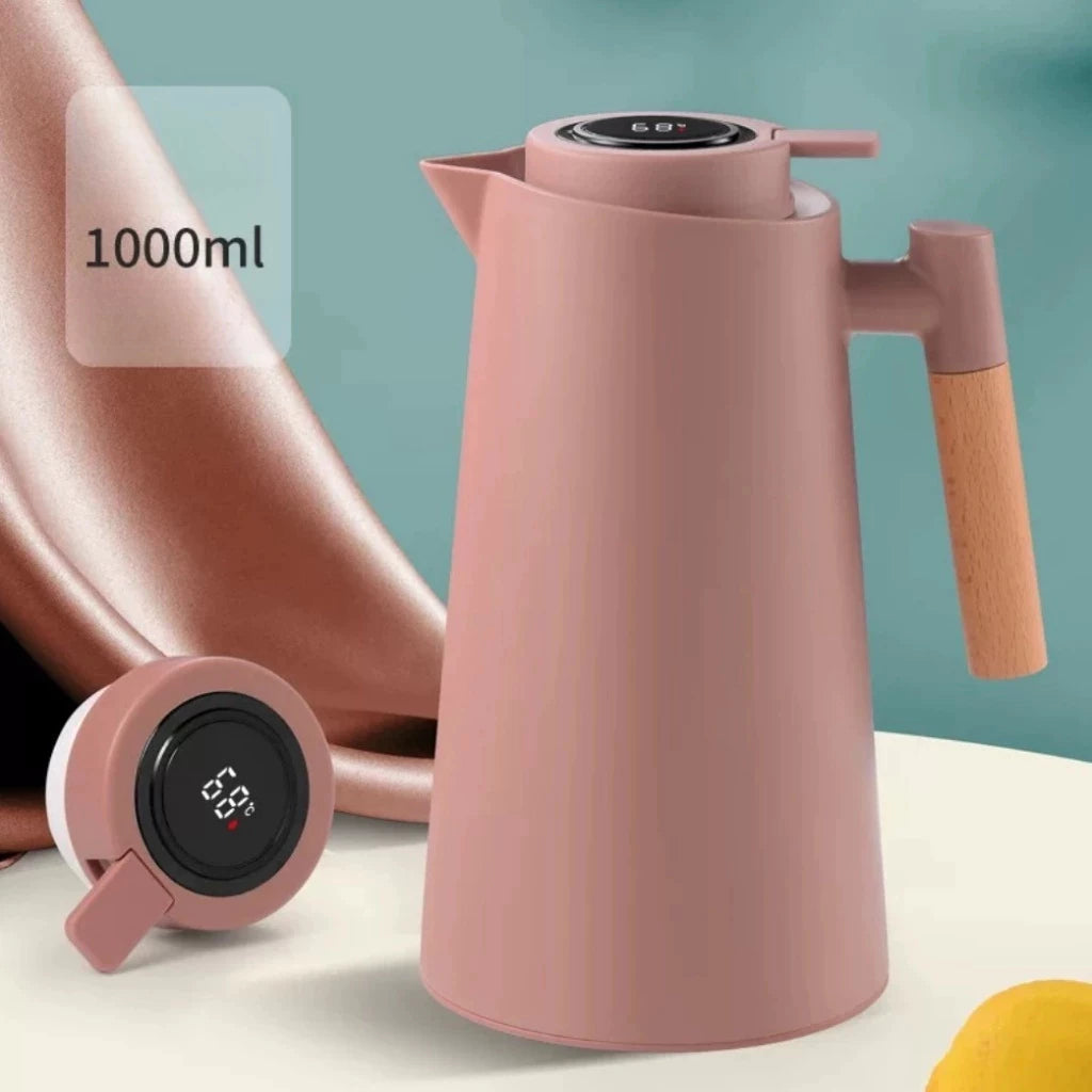 Garrafa Térmica de água / Café Com Termômetro Cabo Madeira