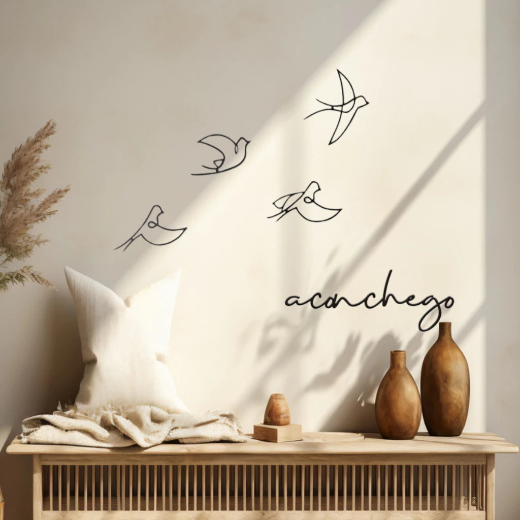 Quadros 4 pássaros minimalista vazado + frases decorativas para paredes