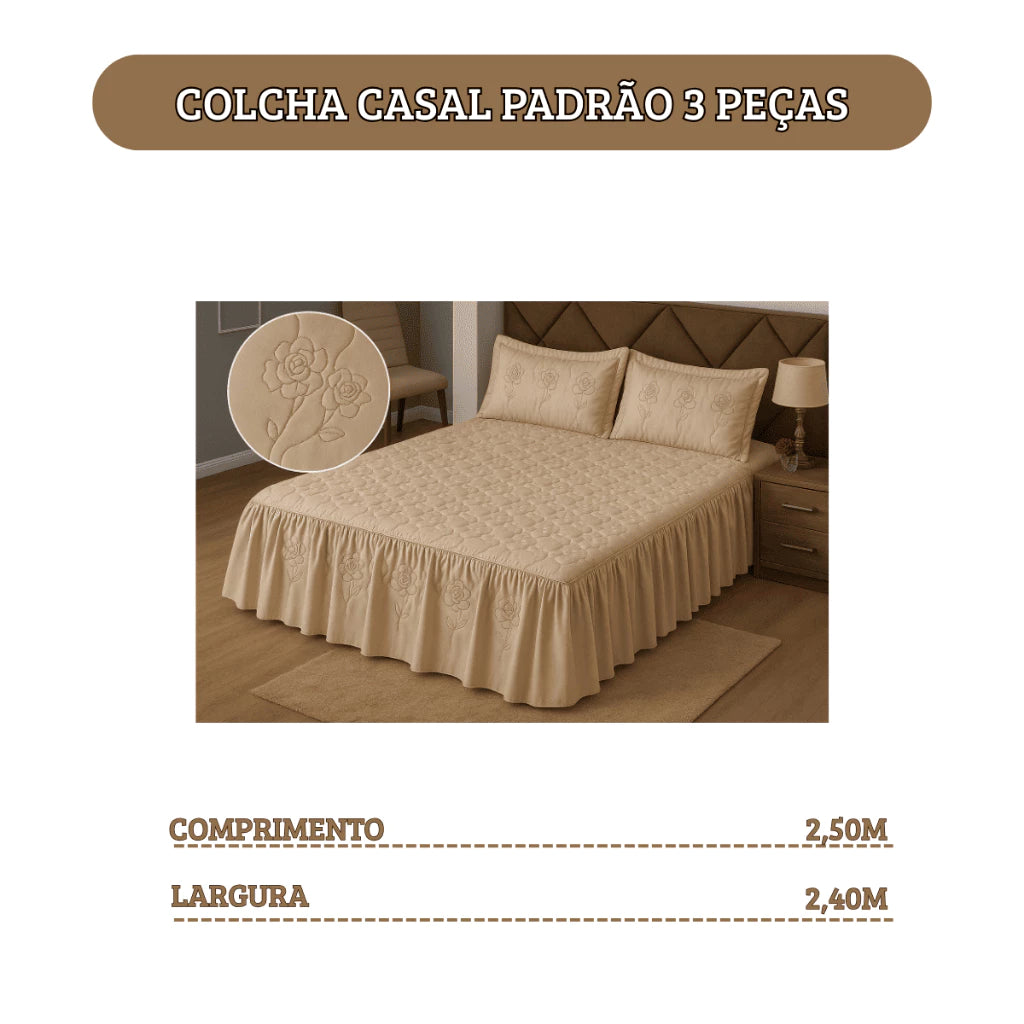 Kit 3 Peças Colcha Casal Toda Bordada