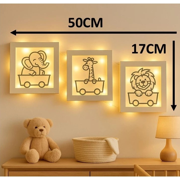 KIT COM 3 Luminárias Safari Baby MDF 50x17 de parede – Luz Suave e Design Divertido!