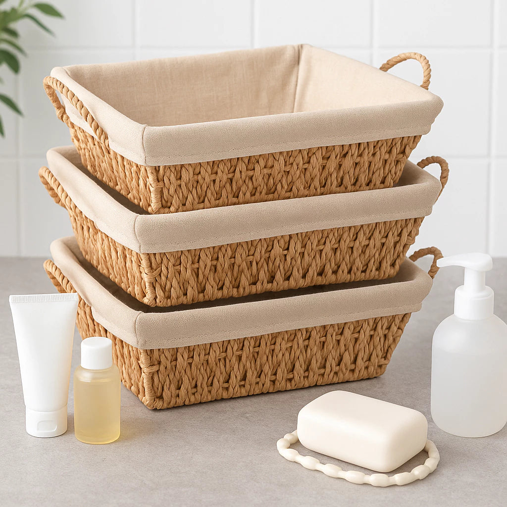 Kit 3 Cestos Organizadores de Palha/Bambu Multiuso com Forro