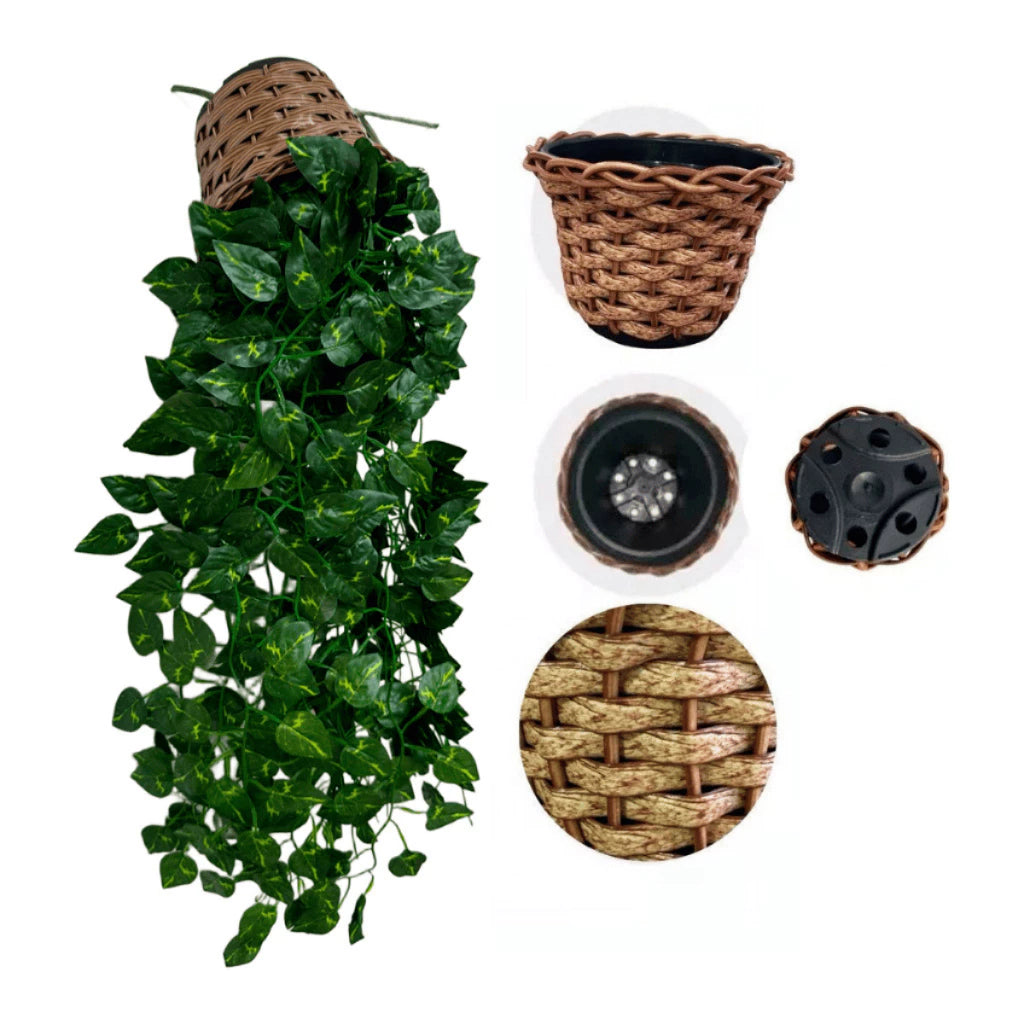 Planta Decorativa 2M + Vaso Trançado Marrom 1 Pendentes Artificial Folhas de Hera Verde