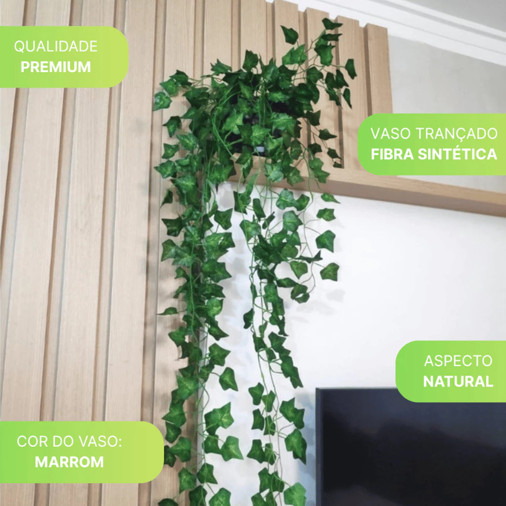 Planta Decorativa + Vaso Trançado Marrom 3 Pendentes Artificial Folhas de Hera e Jiboia