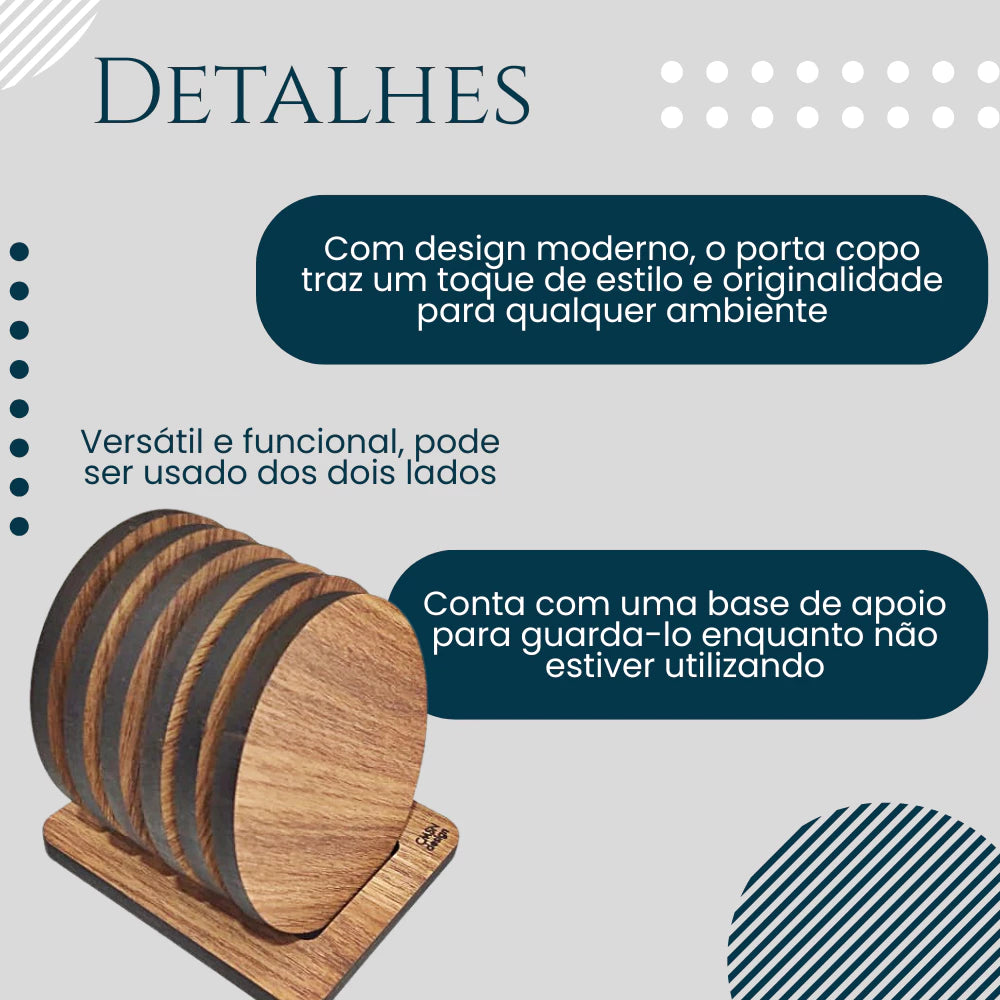 Bolacha Porta Copo Madeira Kit com 6 Peças Mais a Base, Porta Copo de Mesa, Descanso de Copo