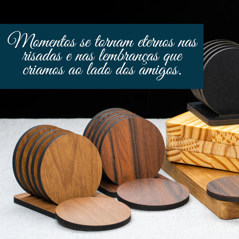 Bolacha Porta Copo Madeira Kit com 6 Peças Mais a Base, Porta Copo de Mesa, Descanso de Copo