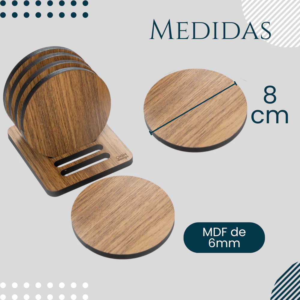 Bolacha Porta Copo Madeira Kit com 6 Peças Mais a Base, Porta Copo de Mesa, Descanso de Copo