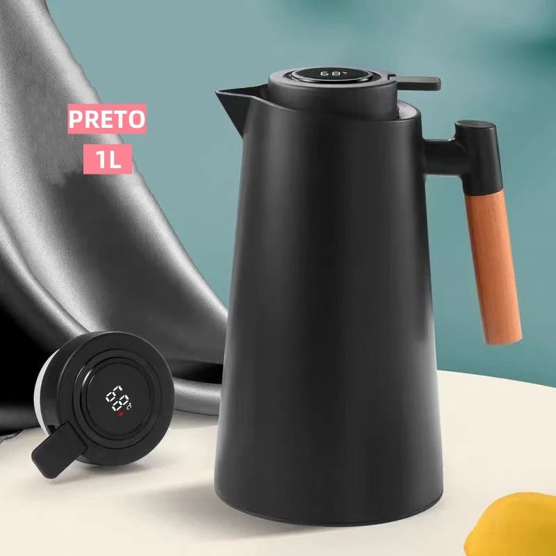 Garrafa Térmica de água / Café Com Termômetro Cabo Madeira