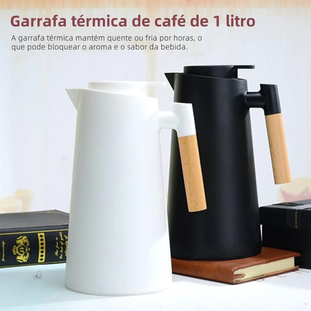 Garrafa Térmica de água / Café Com Termômetro Cabo Madeira