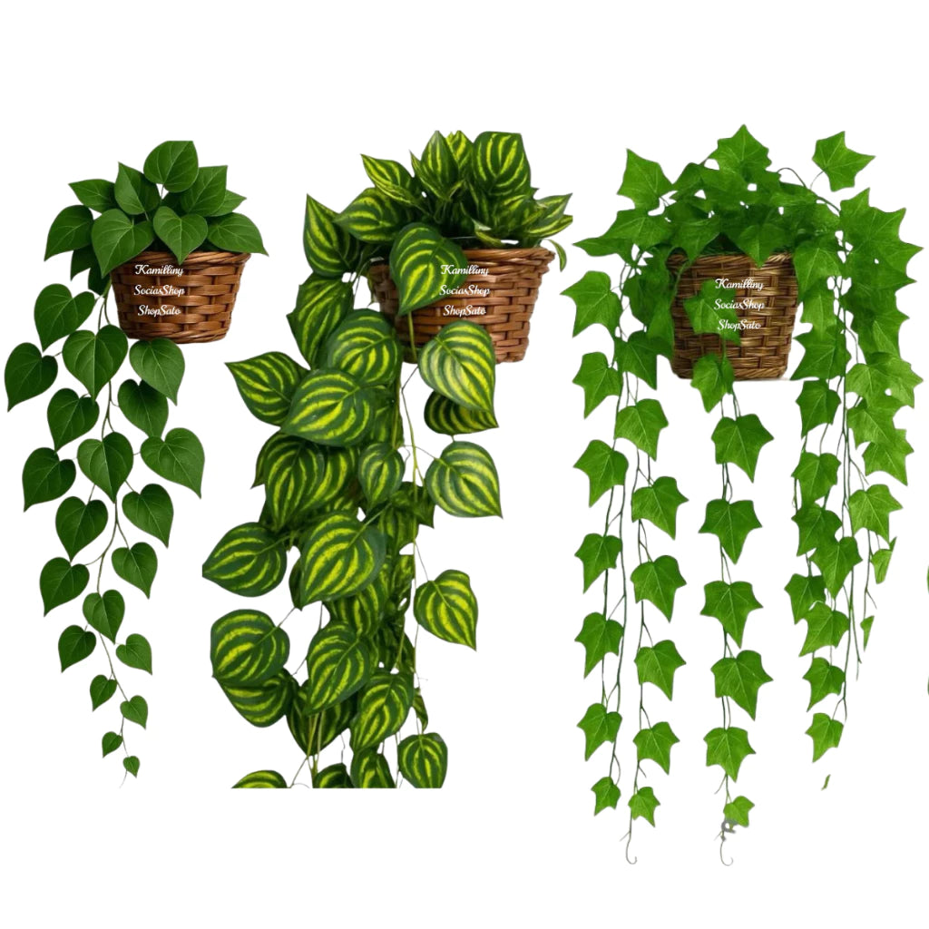 Planta Decorativa 2M + Vaso Trançado Marrom 1 Pendentes Artificial Folhas de Hera Verde