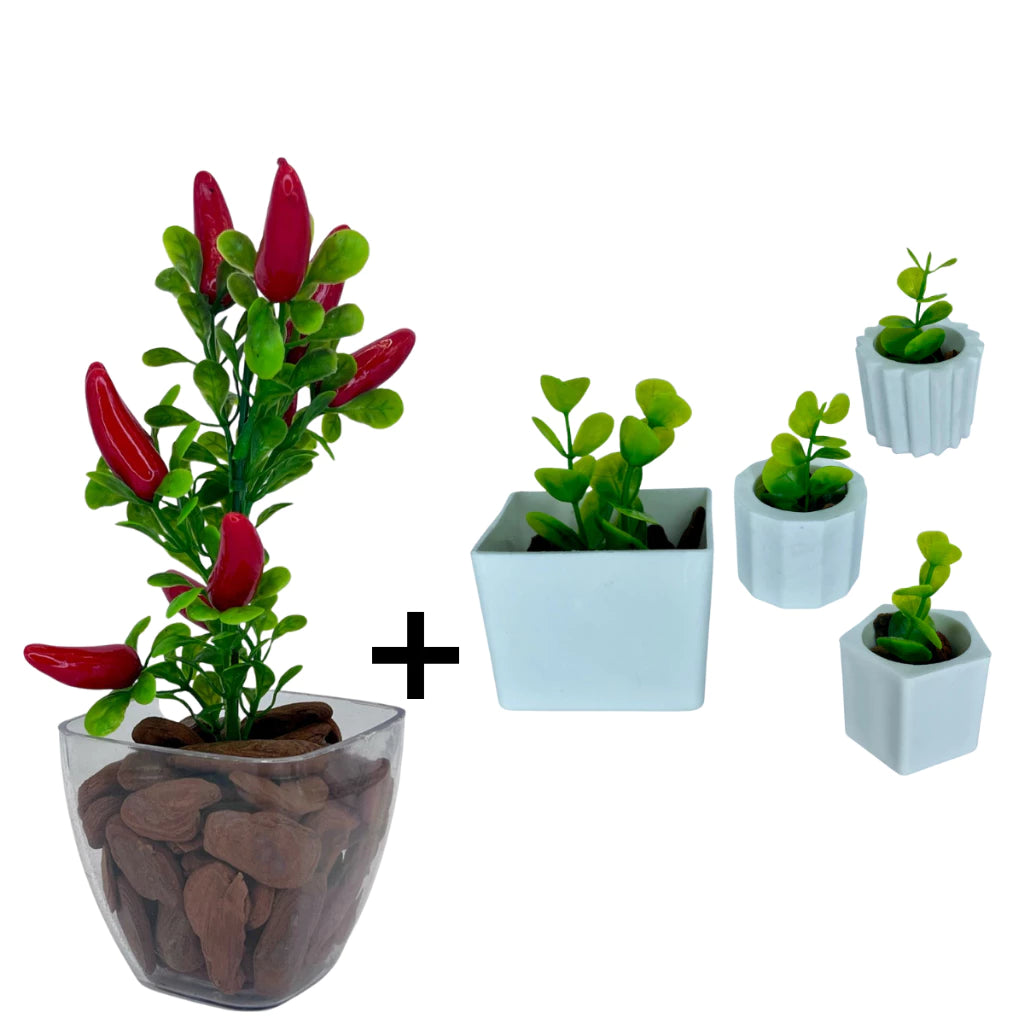 Combo Duas Decorações - Kit 4 Vasinhos + 1 Vaso Médio em Acrílico com Plantas Artificiais