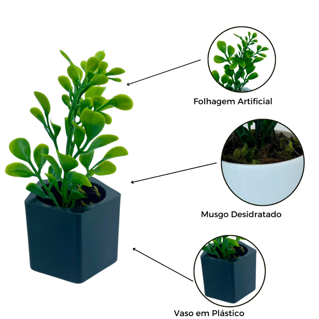 Combo Duas Decorações - Kit 4 Vasinhos + 1 Vaso Médio em Acrílico com Plantas Artificiais