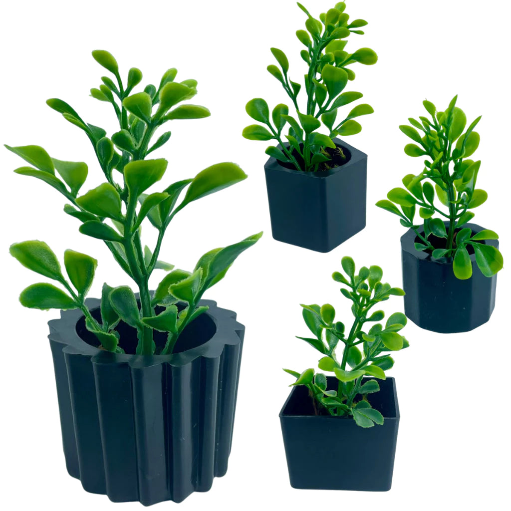 Combo Duas Decorações - Kit 4 Vasinhos + 1 Vaso Médio em Acrílico com Plantas Artificiais