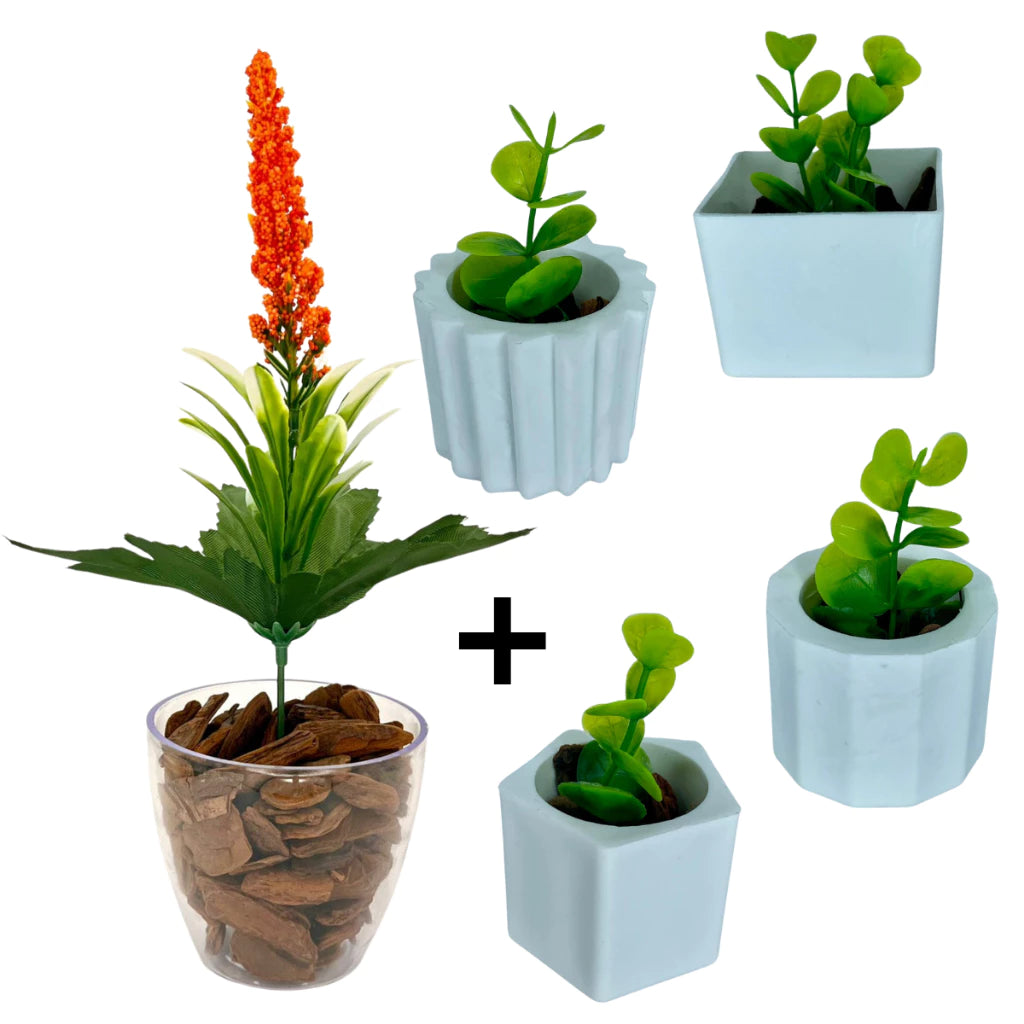 Combo Duas Decorações - Kit 4 Vasinhos + 1 Vaso Médio em Acrílico com Plantas Artificiais