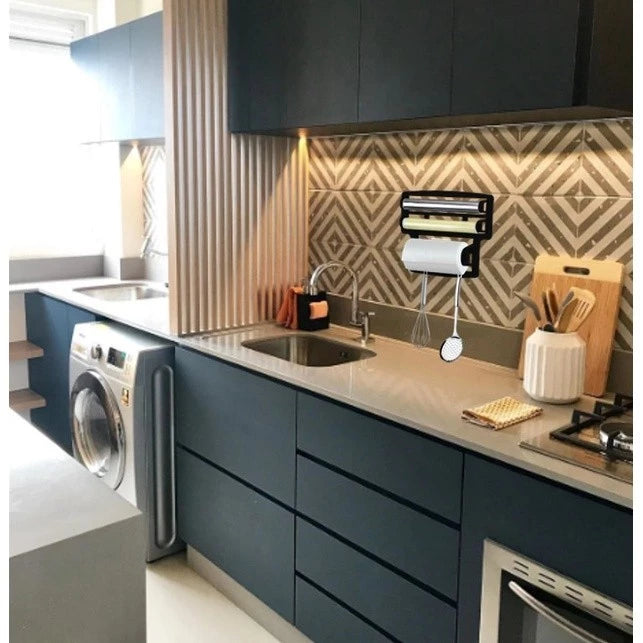 Porta Papel Toalha Triplo Suporte Preto Rolos Para Cozinha 3 em 1