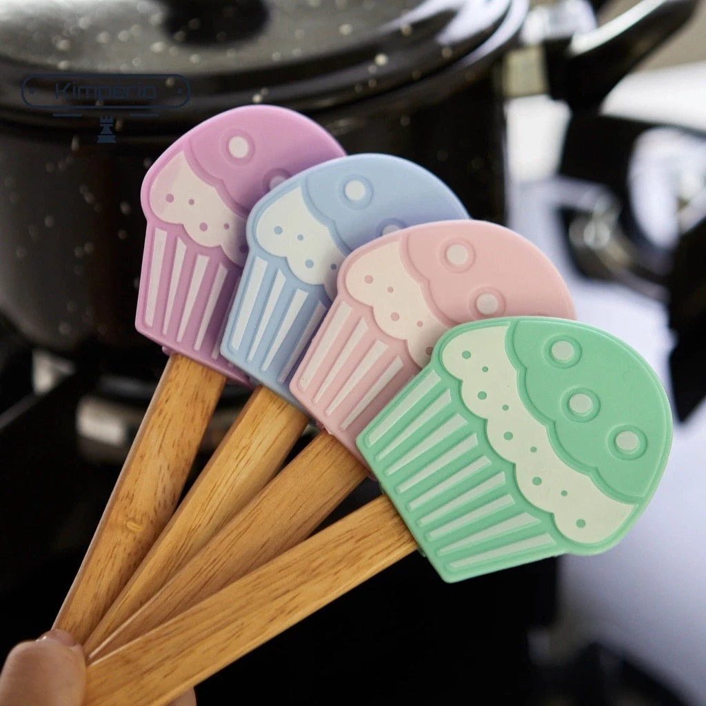 Espátula Silicone Formato de Cupcake com Cabo de Madeira