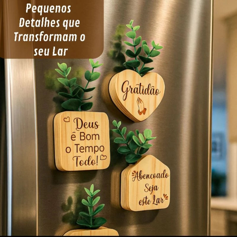 Kit Imãs de Geladeira em Madeira com Flores e Frases