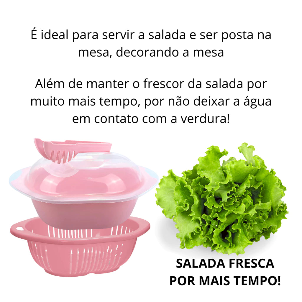 Kit Saladeira e Escorredor Rosa 3 Litros com Tampa e Pegador