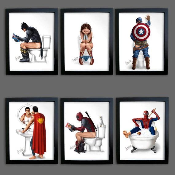 Placas decorativas quadros. Super Heróis Banheiro