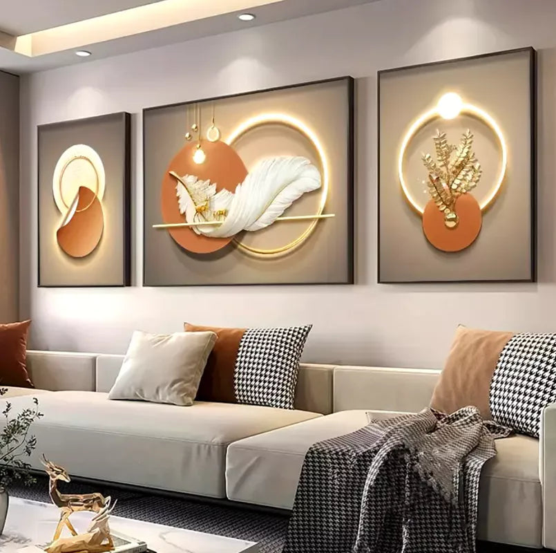 Quadros Decorativos Grande de Luxo com 3 Peças - Pena & Geométrica - Sem Moldura