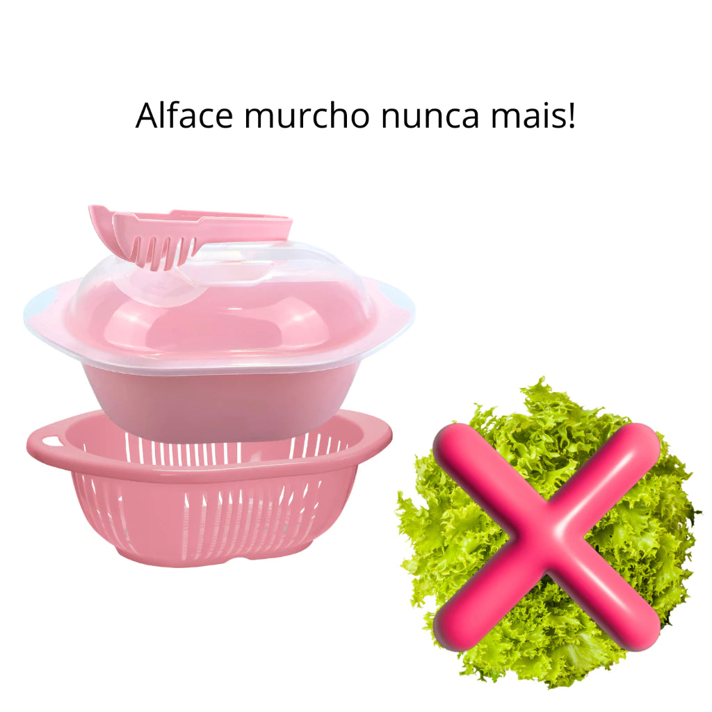 Kit Saladeira e Escorredor Rosa 3 Litros com Tampa e Pegador