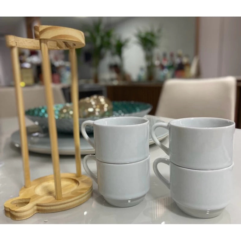 Kit 4 Xícara Chá Café Modelo Hotel 200 ml Com Suporte Em Pinus