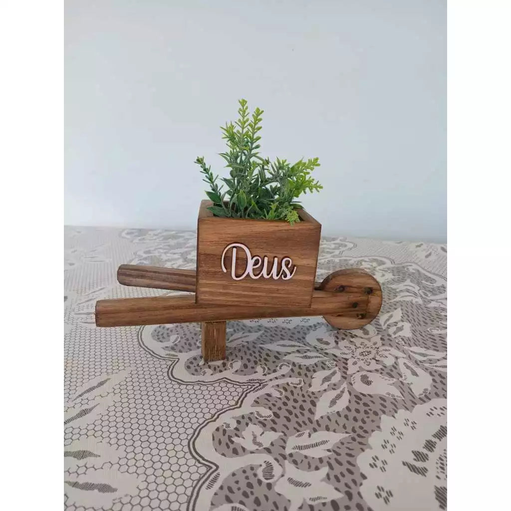 Vasinho Carriola de Madeira com Plantinha Artificial