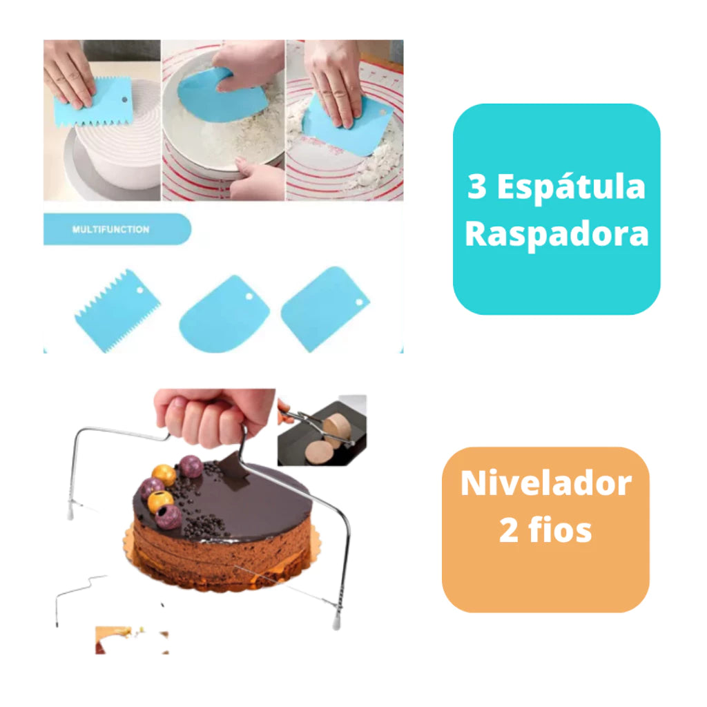Kit Confeitaria Profissional Bailarina Giratória Raspadores Nivelador de Bolo