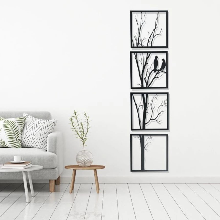 Quadros Árvore com Casal de Pássaros vertical MDF 4 Peças