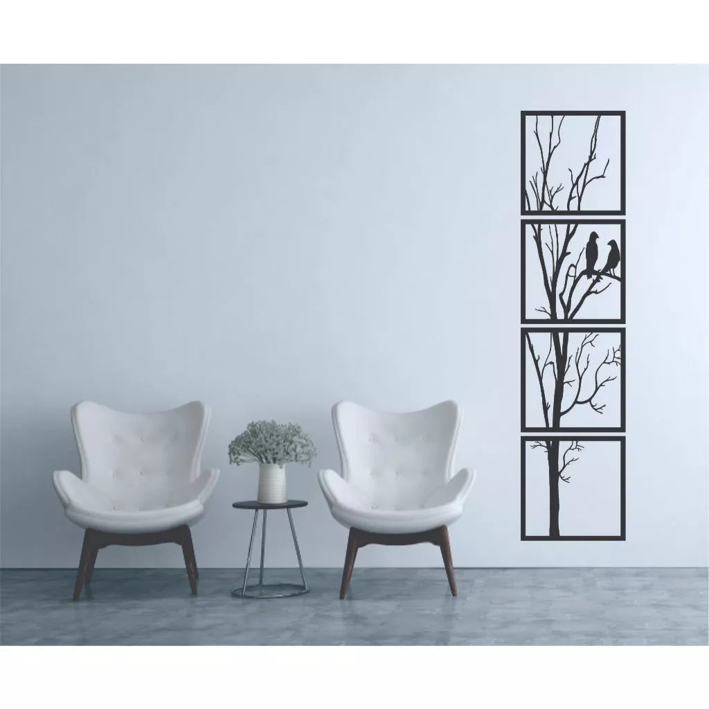 Quadros Árvore com Casal de Pássaros vertical MDF 4 Peças