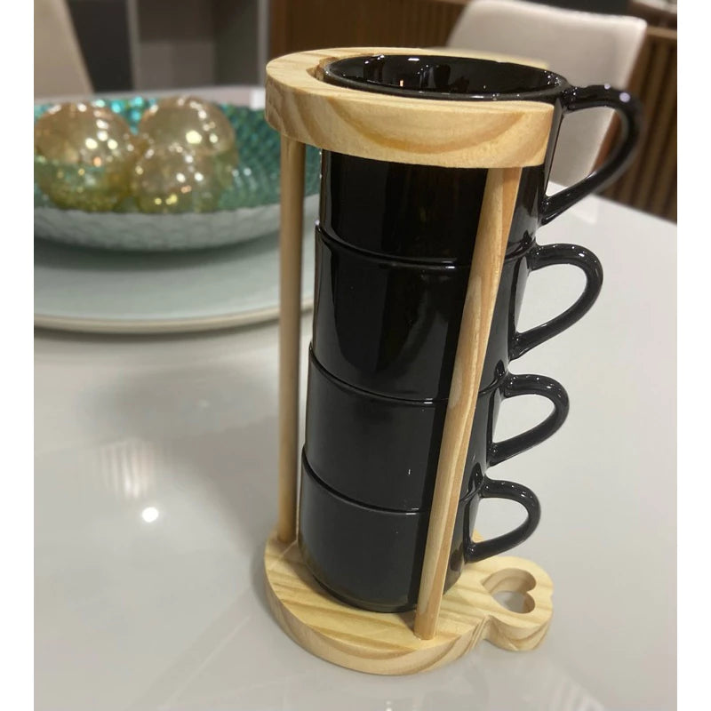 Kit 4 Xícara Chá Café Modelo Hotel 200 ml Com Suporte Em Pinus