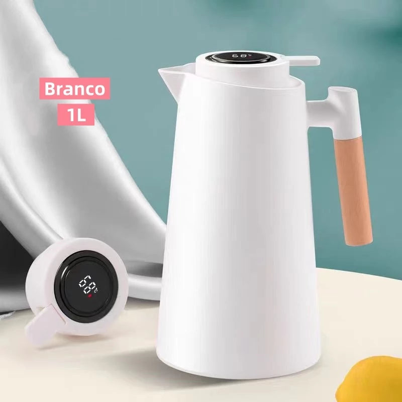 Garrafa Térmica de água / Café Com Termômetro Cabo Madeira