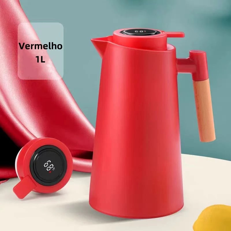 Garrafa Térmica de água / Café Com Termômetro Cabo Madeira