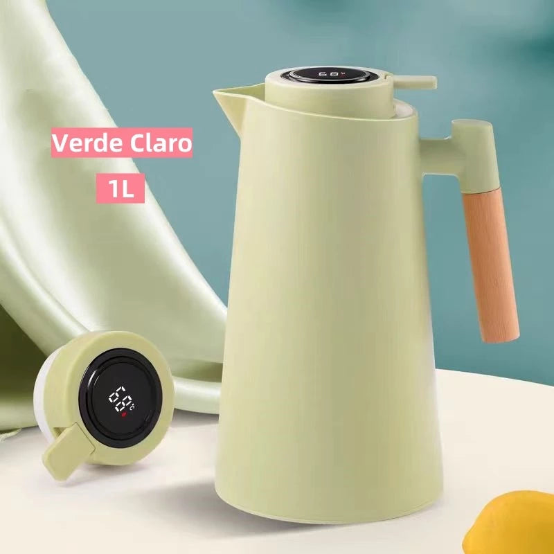 Garrafa Térmica de água / Café Com Termômetro Cabo Madeira