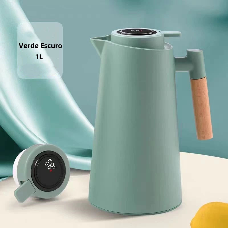 Garrafa Térmica de água / Café Com Termômetro Cabo Madeira