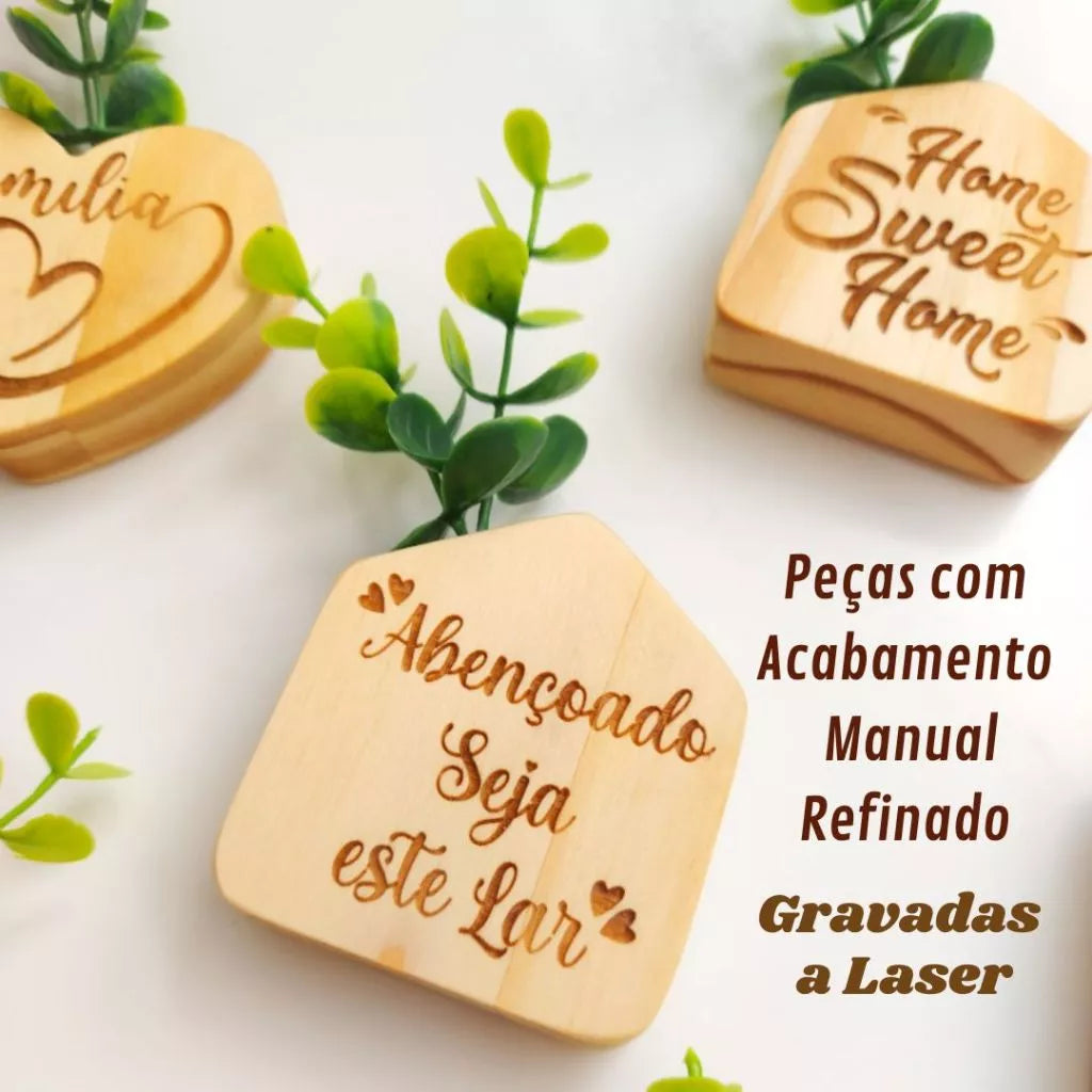 Kit Imãs de Geladeira em Madeira com Flores e Frases