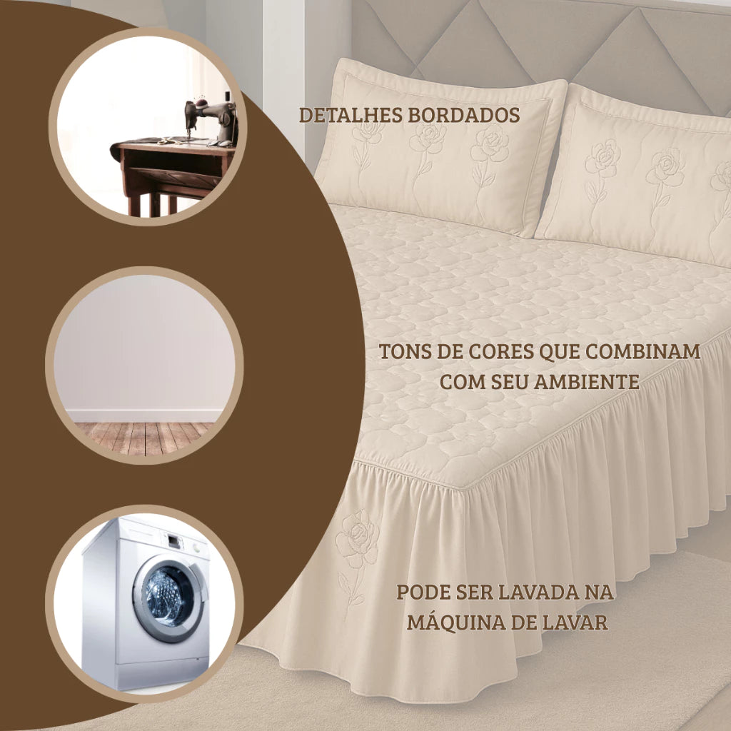 Kit 3 Peças Colcha Casal Toda Bordada