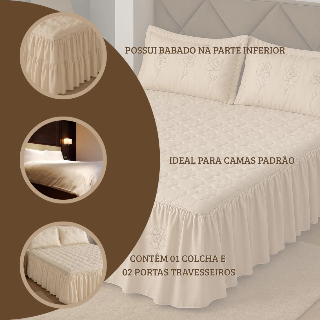 Kit 3 Peças Colcha Casal Toda Bordada