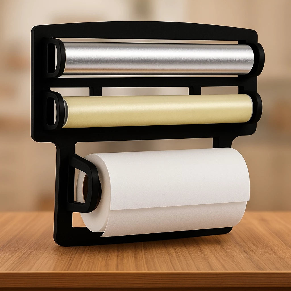 Porta Papel Toalha Triplo Suporte Preto Rolos Para Cozinha 3 em 1